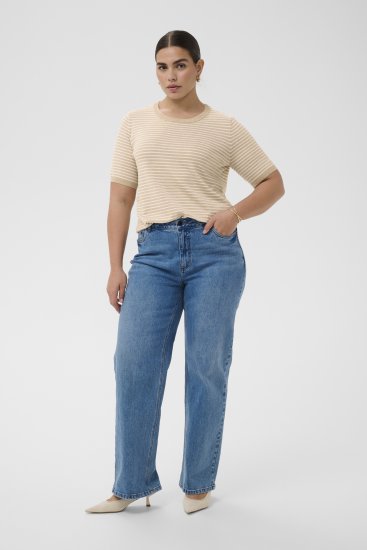 Kaffe Curve Lizzy Knit T-Shirt Feather Melange/Chalk Fine Stripe - T-shirt - 