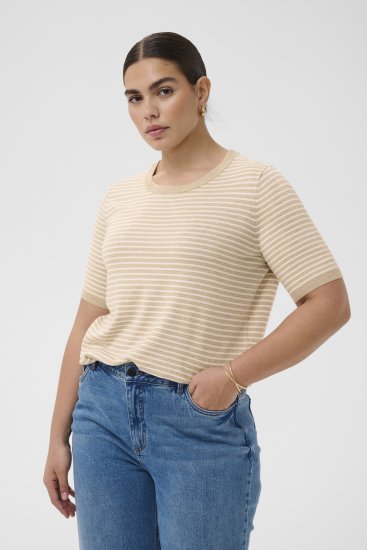Kaffe Curve Lizzy Knit T-Shirt Feather Melange/Chalk Fine Stripe - T-shirt - 