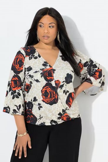 Ulla Popken Rose Print Faux Wrap Top Off-White - T-shirt - 