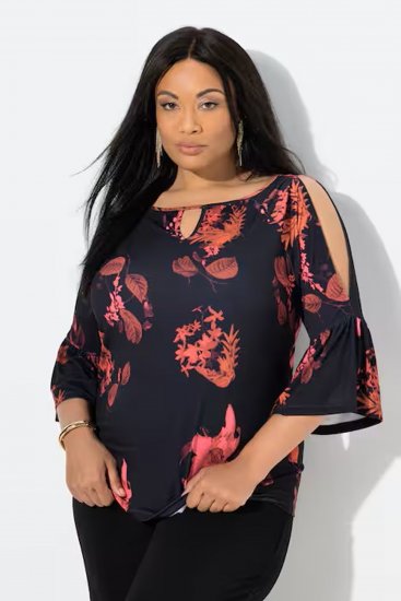 Ulla Popken Botanical Print Cold Shoulder Top Black - T-shirt - 