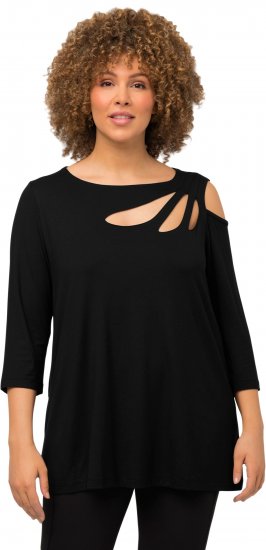 Ulla Popken Asymmetric Petal Cutouts A-line Fit Stretch Knit Top Black - T-shirt - 