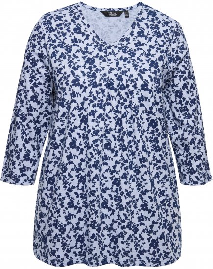 Ulla Popken Floral 3/4 Sleeve V-Neck A-Line Tee Blue - T-shirt - 