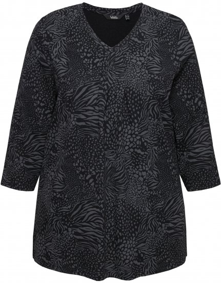Ulla Popken Animal Print 3/4 Sleeve V-Neck Tee Black - T-shirt - 
