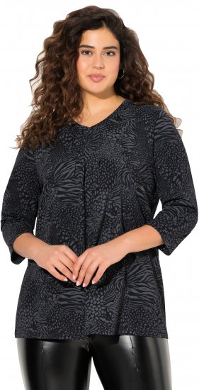 Ulla Popken Animal Print 3/4 Sleeve V-Neck Tee Black - T-shirt - 