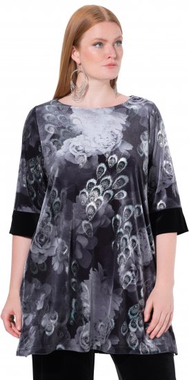 Ulla Popken Velvet Peacock Feather 3/4 Sleeve Tunic Blouse Black - T-shirt - 