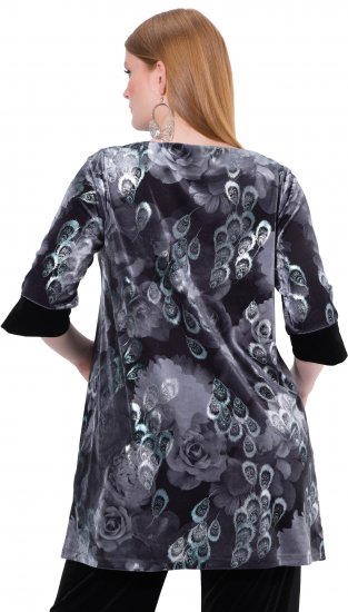 Ulla Popken Velvet Peacock Feather 3/4 Sleeve Tunic Blouse Black - T-shirt - 