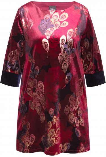 Ulla Popken Velvet Peacock Feather 3/4 Sleeve Tunic Blouse Wine Red - T-shirt - 