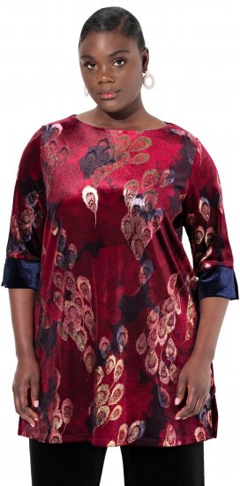 Ulla Popken Velvet Peacock Feather 3/4 Sleeve Tunic Blouse Wine Red - T-shirt - 