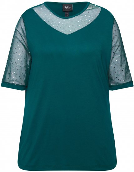 Ulla Popken Sequined Mesh Sleeve Blouse Dark Green - T-shirt - 