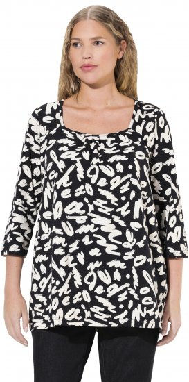 Ulla Popken Scribble Print Square Neck 3/4 Sleeve Tee Black - T-shirt stampate da donna - 