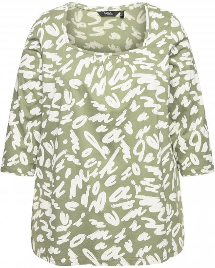 Ulla Popken Scribble Print Square Neck 3/4 Sleeve Tee Sage Green - T-shirt stampate da donna - 