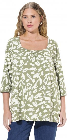 Ulla Popken Scribble Print Square Neck 3/4 Sleeve Tee Sage Green - T-shirt stampate da donna - 