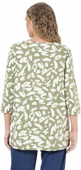 Ulla Popken Scribble Print Square Neck 3/4 Sleeve Tee Sage Green - T-shirt stampate da donna - 