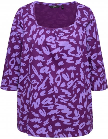 Ulla Popken Scribble Print Square Neck 3/4 Sleeve Tee Violet - T-shirt stampate da donna - 