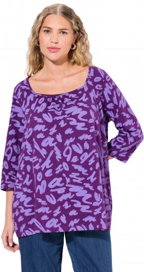 Ulla Popken Scribble Print Square Neck 3/4 Sleeve Tee Violet - T-shirt stampate da donna - 