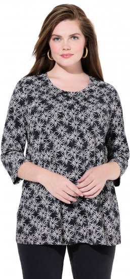 Ulla Popken Graphic Flower A-Line 3/4 Sleeve Tee Black - T-shirt - 