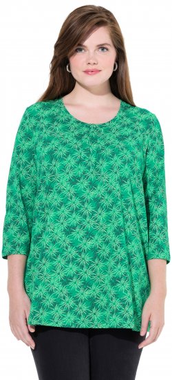 Ulla Popken Graphic Flower A-Line 3/4 Sleeve Tee Moss Green - T-shirt - 