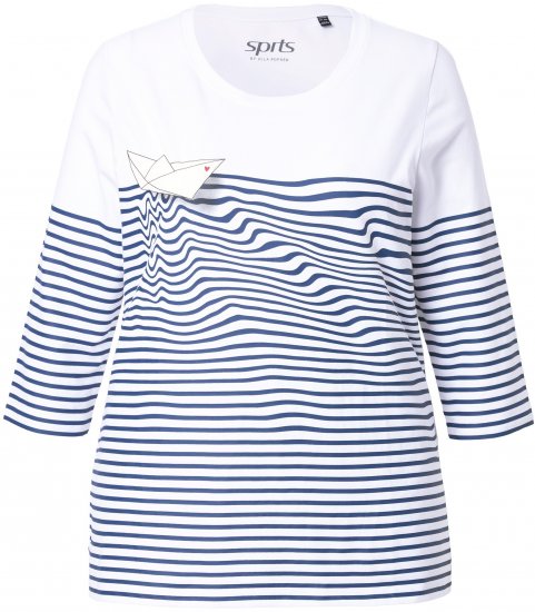 Ulla Popken Paper Boat Print 3/4 Sleeve Tee Snow White - T-shirt stampate da donna - 