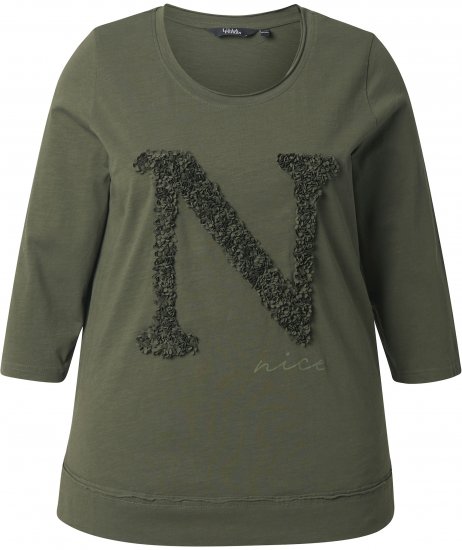 Ulla Popken Textured Lettering 3/4 Sleeve Tee Olive - T-shirt stampate da donna - 