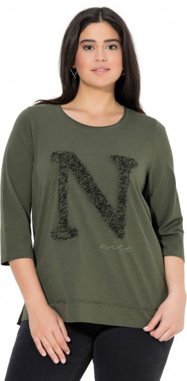Ulla Popken Textured Lettering 3/4 Sleeve Tee Olive - T-shirt stampate da donna - 