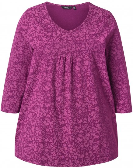 Ulla Popken Pleated Floral Print 3/4 Sleeve Tee Raspberry - T-shirt stampate da donna - 
