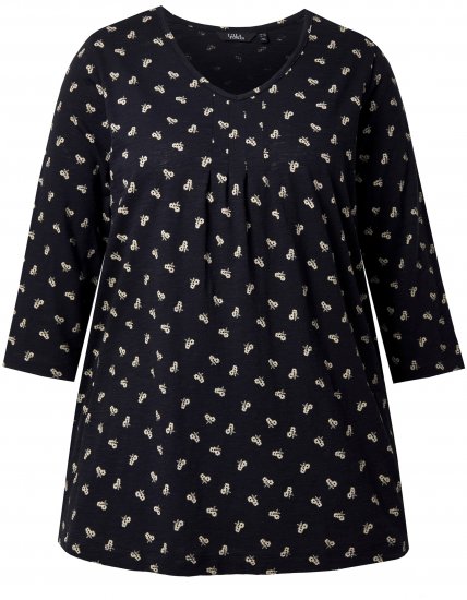 Ulla Popken Flower Print 3/4 Sleeve Tee Black - T-shirt - 