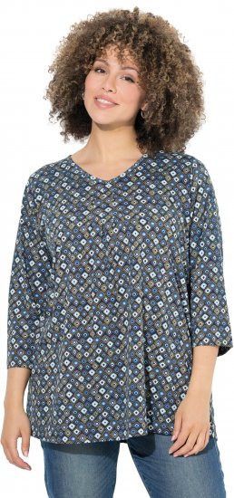 Ulla Popken Graphic Print Pleated 3/4 Sleeve Tee Atlantic Blue - T-shirt - 