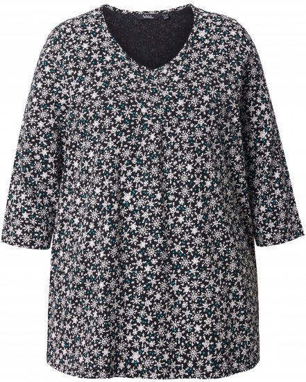 Ulla Popken Snowflake Print 3/4 Sleeve Tee Black - T-shirt - 