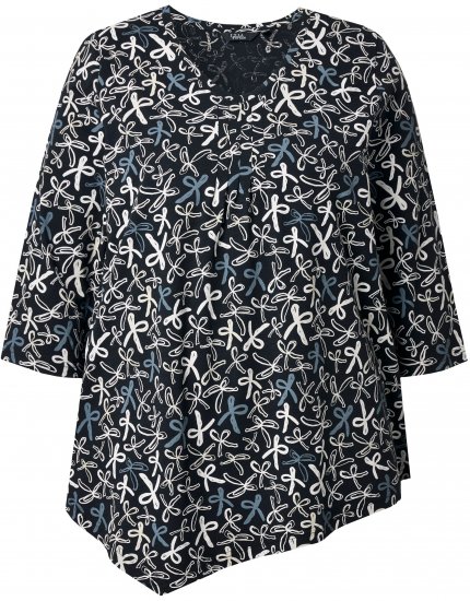 Ulla Popken Ribbon Print 3/4 Sleeve Asymmetric Tee Black - T-shirt stampate da donna - 