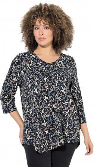 Ulla Popken Ribbon Print 3/4 Sleeve Asymmetric Tee Black - T-shirt stampate da donna - 