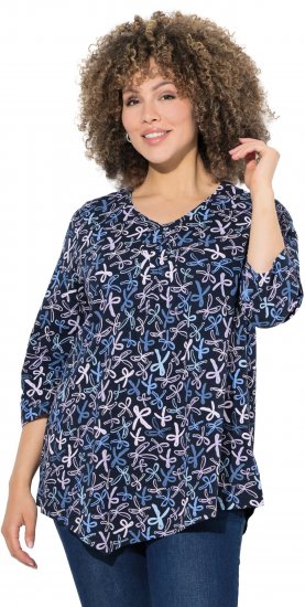 Ulla Popken Ribbon Print 3/4 Sleeve Asymmetric Tee Navy - T-shirt stampate da donna - 