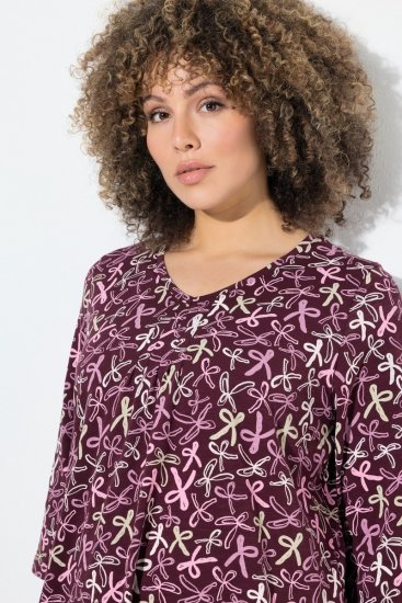 Ulla Popken Ribbon Print 3/4 Sleeve Asymmetric Tee Plum - T-shirt stampate da donna - T-shirt con Stampa da Donna