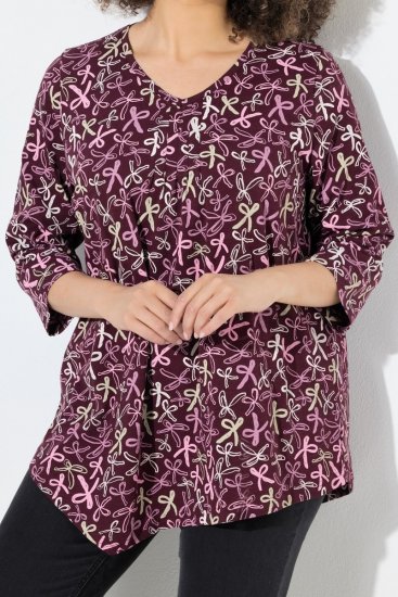 Ulla Popken Ribbon Print 3/4 Sleeve Asymmetric Tee Plum - T-shirt stampate da donna - T-shirt con Stampa da Donna