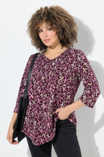 Ulla Popken Ribbon Print 3/4 Sleeve Asymmetric Tee Plum - T-shirt stampate da donna - T-shirt con Stampa da Donna
