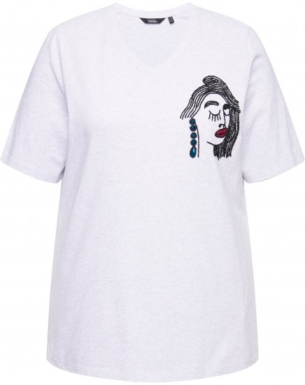 Ulla Popken Embroidered Face Motif Short Sleeve V-Neck Tee Light Grey Melange - T-shirt stampate da donna - 