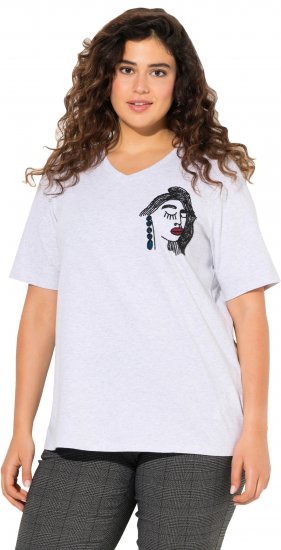 Ulla Popken Embroidered Face Motif Short Sleeve V-Neck Tee Light Grey Melange - T-shirt stampate da donna - 