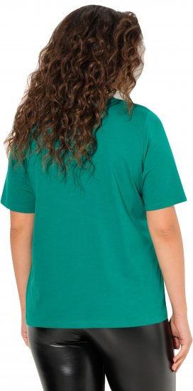 Ulla Popken Embroidered Face Motif Short Sleeve V-Neck Tee Emerald Green - T-shirt stampate da donna - 