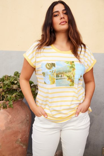 Ulla Popken Striped Short Sleeve Citrus Graphic Tee Sun Yellow - T-shirt stampate da donna - 