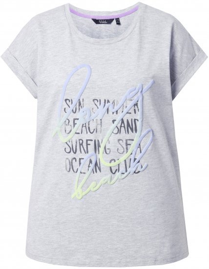 Ulla Popken Long Beach Lettering Cap Sleeve Tee Light Grey Melange - T-shirt stampate da donna - 