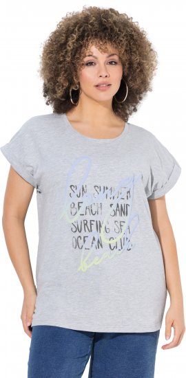 Ulla Popken Long Beach Lettering Cap Sleeve Tee Light Grey Melange - T-shirt stampate da donna - 