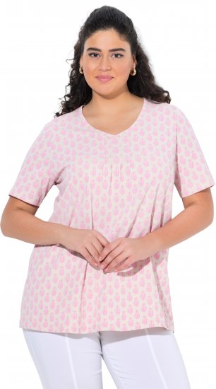 Ulla Popken Cactus Print Short Sleeve V-Neck Tee Pink - T-shirt stampate da donna - 