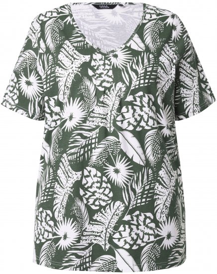 Ulla Popken Feather Print Short Sleeve V-Neck Tee Olive Grey - T-shirt stampate da donna - 