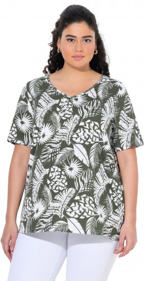 Ulla Popken Feather Print Short Sleeve V-Neck Tee Olive Grey - T-shirt stampate da donna - 