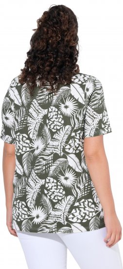 Ulla Popken Feather Print Short Sleeve V-Neck Tee Olive Grey - T-shirt stampate da donna - 