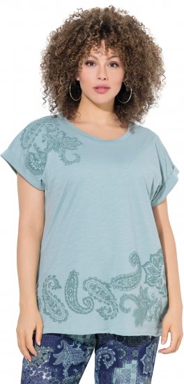 Ulla Popken Textured Paisley Motif Cap Sleeve Tee Light Moss Green - T-shirt stampate da donna - 