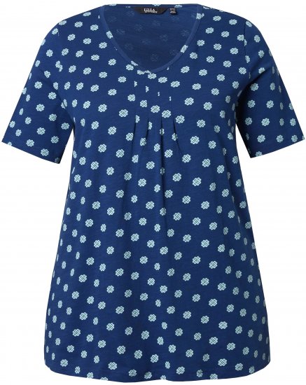 Ulla Popken Tile Print Short Sleeve Pleated Tee Dark Blue - T-shirt stampate da donna - 