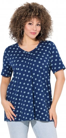 Ulla Popken Tile Print Short Sleeve Pleated Tee Dark Blue - T-shirt stampate da donna - 