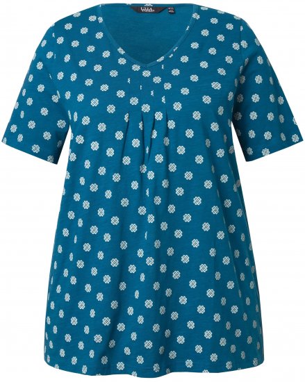 Ulla Popken Tile Print Short Sleeve Pleated Tee Teal - T-shirt stampate da donna - 