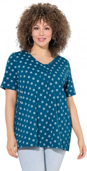 Ulla Popken Tile Print Short Sleeve Pleated Tee Teal - T-shirt stampate da donna - 