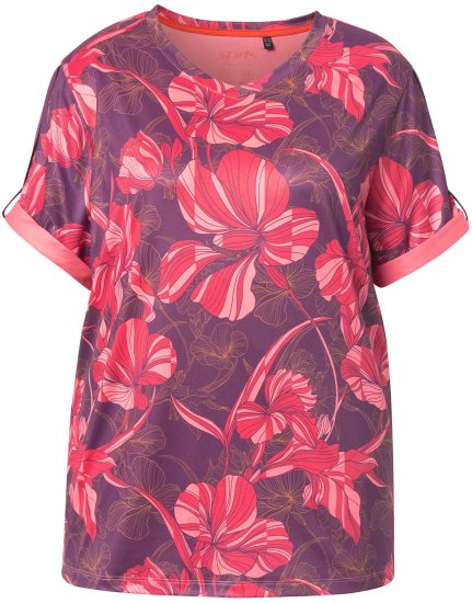Ulla Popken Quick Drying Flower Print Short Sleeve Tee Dark Cherry - T-shirt stampate da donna - 